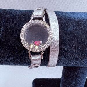 Origami Owl Silver Double Wrap Bracelet Crystal Bezel I ❤️ U Charm Pink